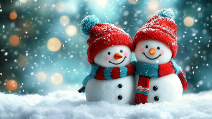Two  Snowmen With Hats and Scarves  surrounded by snow and bokeh lights, capturing the festive holiday warmth and joy