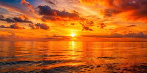 Fototapeta premium Vibrant orange sunset over a calm ocean, ocean, peaceful scene, ocean