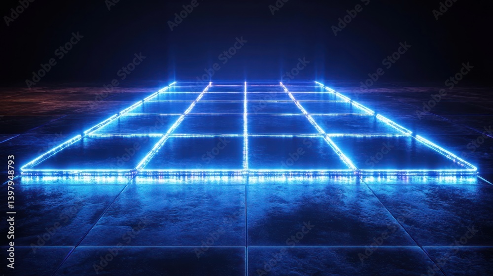 Poster illuminated futuristic grid on a glossy floor creating a pathway into an unknown realm of digital po
