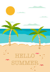 Vector flat illustration. Poster with sea and beach. Relaxation concept. Perfect for summer sales.