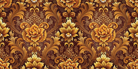 Intricate floral pattern in warm golden tones on a rich brown background.