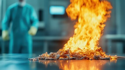 An intriguing image capturing flames consuming material, highlighting themes of transformation and destruction within a controlled laboratory or industrial setting.