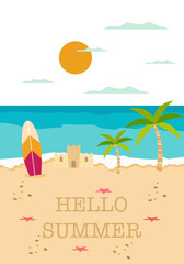 Vector flat illustration. Poster with sea and beach. Relaxation concept. Perfect for summer sales.