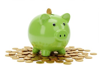 A green piggy bank with a coin on top surrounded by a pile of gold coins on a white background