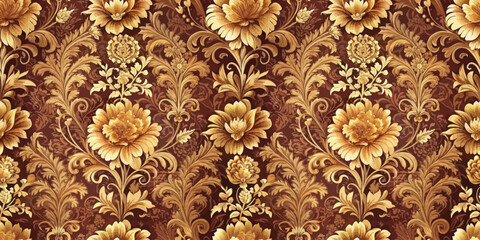 Elegant floral pattern with golden flowers on a rich brown background.