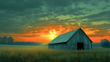 Fototapeta premium A rustic wooden barn stands against a vibrant sunset in a serene field.