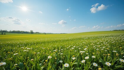 Breathtaking sunny day over flower-filled green field nature landscape outdoor serenity clear skies wide-angle viewpoint tranquil scenery for relaxation