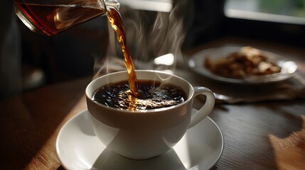 Pouring a steaming cup of rich, dark roast coffee into a white mug, creating a warm and inviting morning ritual.