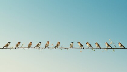 Birds perched on a wire open sky nature photography serene environment wide angle view tranquility and harmony in nature