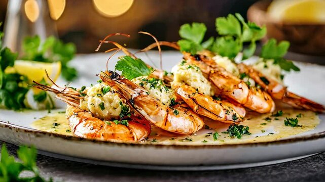 Grilled shrimps glistening with garlic parsley butter, plated attractively for appetizing seafood presentation.