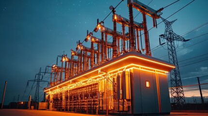 A brightly lit power substation against a twilight sky, showcasing electrical equipment and transmission towers.