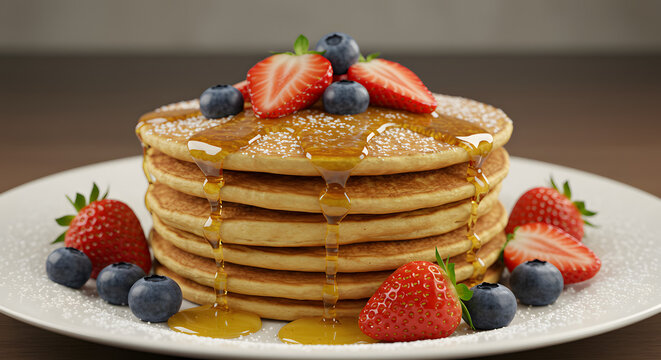 Stack of Pancakes with Berries & Syrup - Sweet Breakfast Treat