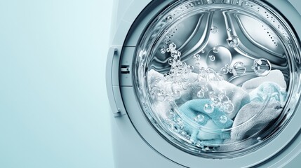 A close-up view of a washing machine drum filled with water and clothing, showcasing bubbles and a light blue backdrop.
