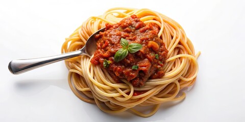 Spaghetti noodles twirled in a savory meat sauce with a fork placed delicately on top of the dish creating a mesmerizing swirl pattern