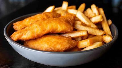 Crispy Golden Breaded Fish with Fries in Separate Bowls
