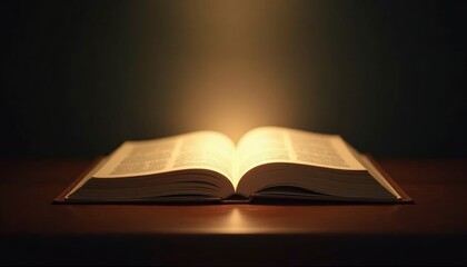 Open book emits radiant golden light, surrounded by small glowing particles against dark background. Knowledge, enlightenment, discovery, educational materials, inspirational content, literary designs