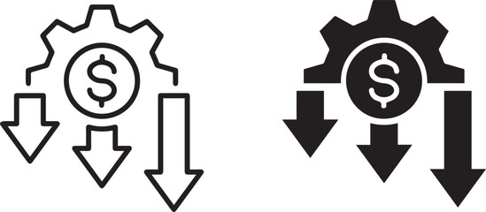 Black and white icons, financial symbols, dollar sign inside gear, downward arrows, cost reduction concept, simplified graphics