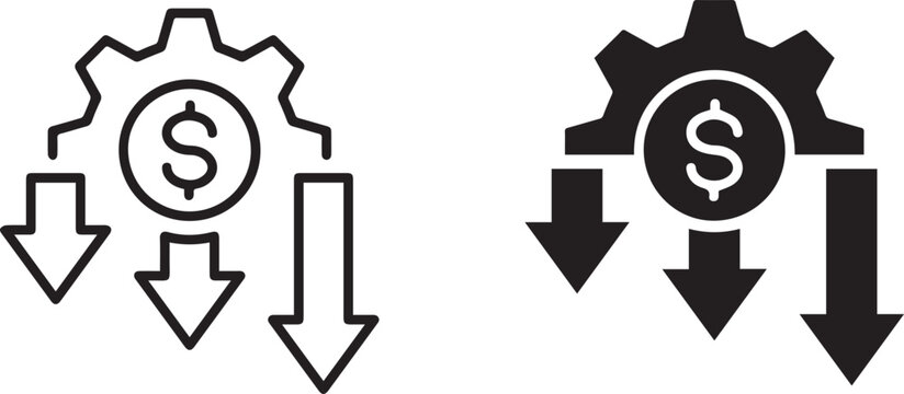 Black and white icons, financial symbols, dollar sign inside gear, downward arrows, cost reduction concept, simplified graphics
