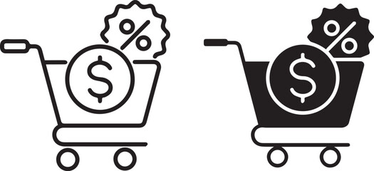Shopping cart, dollar sign, percentage symbol, e-commerce icon, black and white design, simple graphic, sale concept, discount illustration,