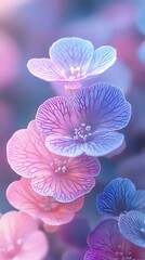 Delicate pink and blue flowers with translucent petals and intricate vein patterns captured in soft dreamy light against blurred background, creating ethereal botanical art.
