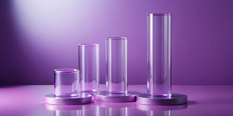 Four cylindrical stands on light purple background with violet tubes and glassware, arranged in a decorative manner for product display, luxury products,