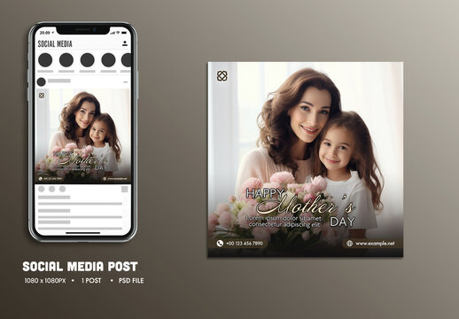 Happy Mother&rsquo;s Day, Social Media Editable Post with Mother and Daughter Holding Flowers Bouquet Photo.