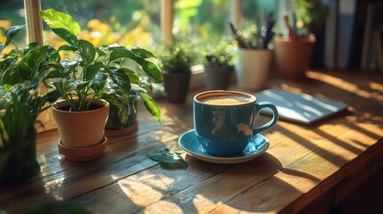 Warm desk environment with soft sunlight, plant leaves casting shadows, hot coffee and work essentials in place 