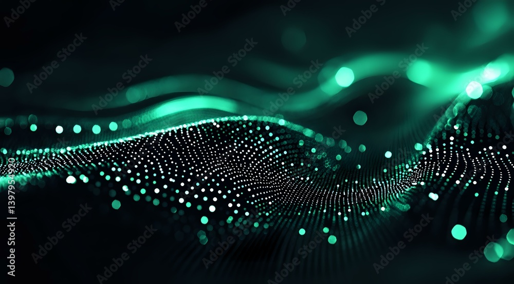 Poster abstract digital wave of glowing particles in dark space with green bokeh lights creating futuristic