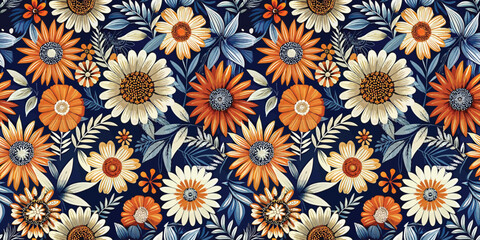 Vibrant floral pattern featuring orange and white blooms on a navy background.