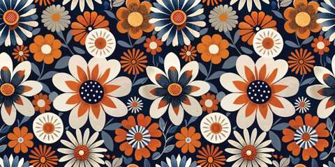 Vibrant floral pattern featuring assorted flowers in orange and cream hues.
