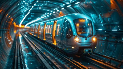 Fototapeta premium Futuristic Subway Train: A Sleek Metro Vehicle Gliding Through a Vibrant Tunnel with Blue Lighting