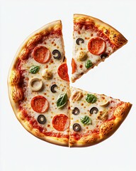 Hyperrealistic 3D rendering of a floating pizza, each ingredient perfectly separated midair, ultradetailed textures