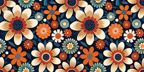 Colorful floral pattern featuring vibrant flowers on a dark background.