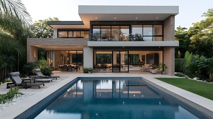 view of a modern home with a pool and lounge chairs