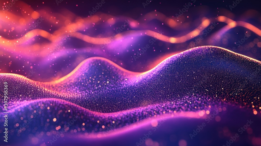 Poster illuminated undulating surface formed by shimmering dots on a cosmic purple backdrop creating a mesm
