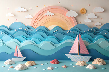 Naklejka premium Serene Marine Paper Art Installation with Sunset and Sailboats – Tranquil and Whimsical Artwork