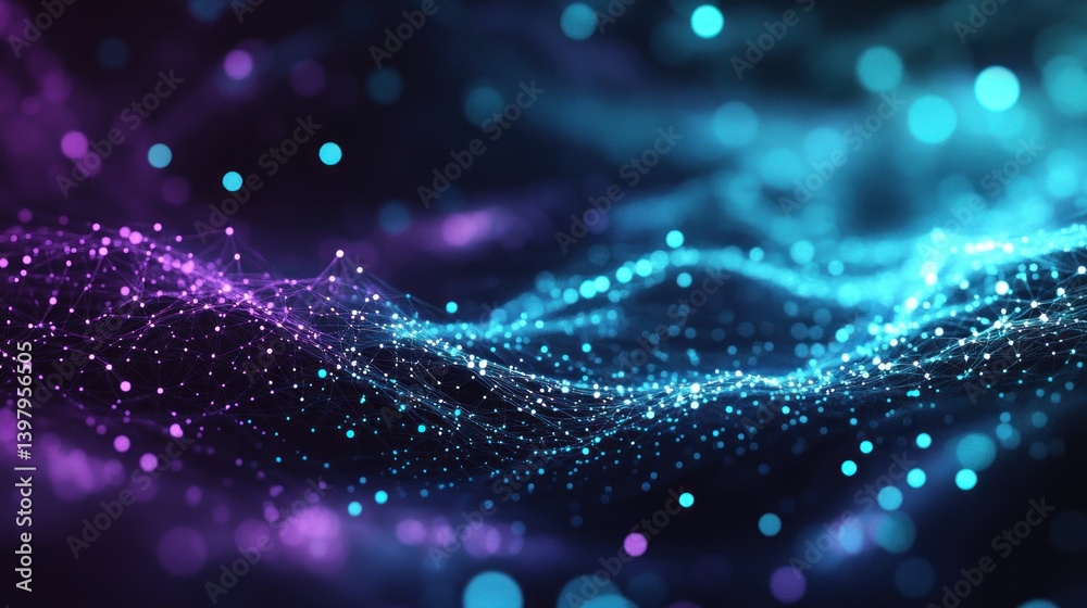 Poster network visualization of connected points with a gradient of purple and cyan representing data strea