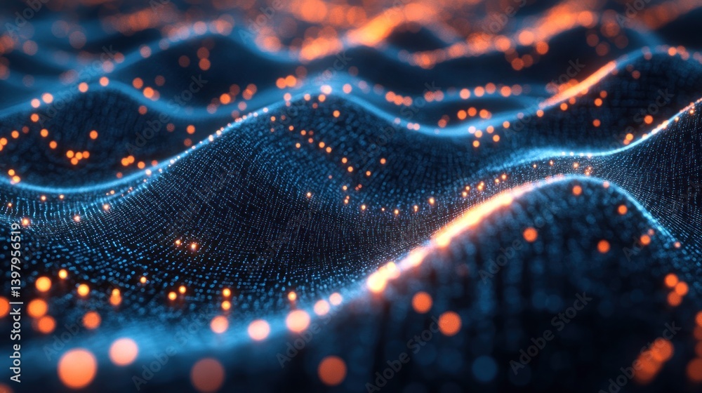 Poster abstract technology landscape of illuminated points and waves representing data streams and complex 