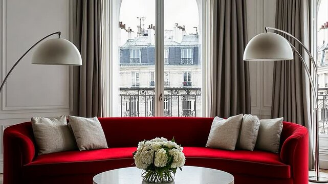 Red curved sofa in a Parisian apartment with floor lamps and city view.