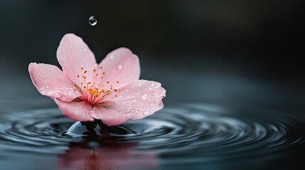 This captivating image showcases a delicate pink flower gently resting on the water surface, with a single droplet creating ripples around it, symbolizing tranquility.