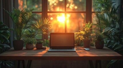 Fototapeta premium Scandinavian-style office setup with wooden furniture, a laptop, greenery, and monochrome accessories 