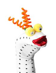 Funny sock puppet with hair isolated on white