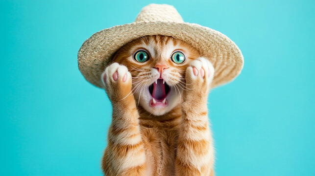 Photograph of a ginger cat with a shocked expression, mouth open and paws on its face, against a pastel blue background