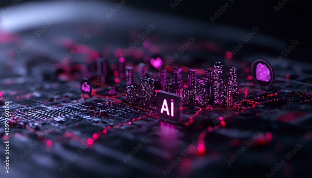 Poster futuristic circuit board with glowing pink ai text and components, representing artificial intellige