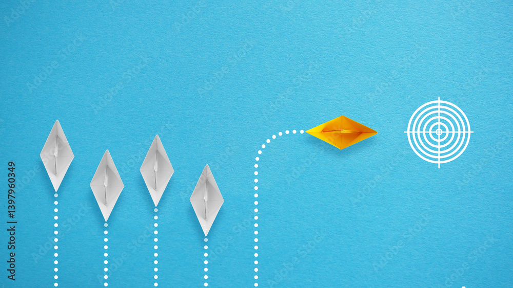 Poster business creativity new idea to discovery innovation technology. yellow paper ship out of line with 