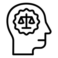 Man head with lawyer brain line icon, jurisprudence concept. Vector graphics. Human and mind with libra scales sign on white background, style mobile or design.