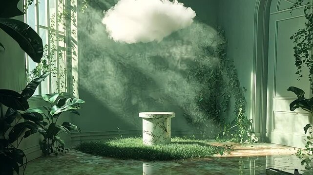 Sunlit room, marble pedestal, cloud, lush greenery