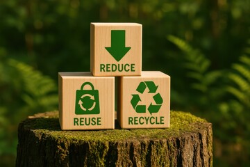 Recycle, reduce and reuse concept with wooden block icons on nature, environmental awareness.