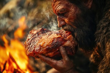Neanderthal eating meat near fire, prehistoric man holding big piece of smoking beef in hand, close up portrait of caveman with beard and moustache looking at food, natural lighting, natural look.