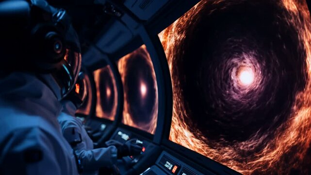 An astronaut skillfully navigating through incredible cosmic phenomena using a sophisticated futuristic spacecraft